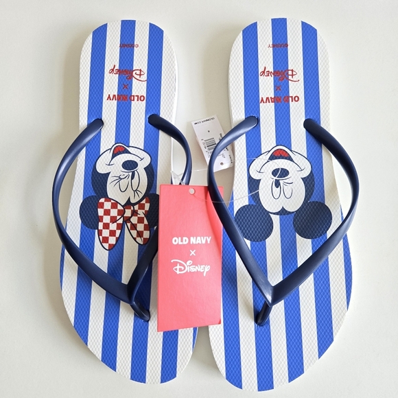 New Old Navy x Disney Mickey & Minnie Striped Print Blue/White Flip Flops Size 8 - Picture 5 of 6